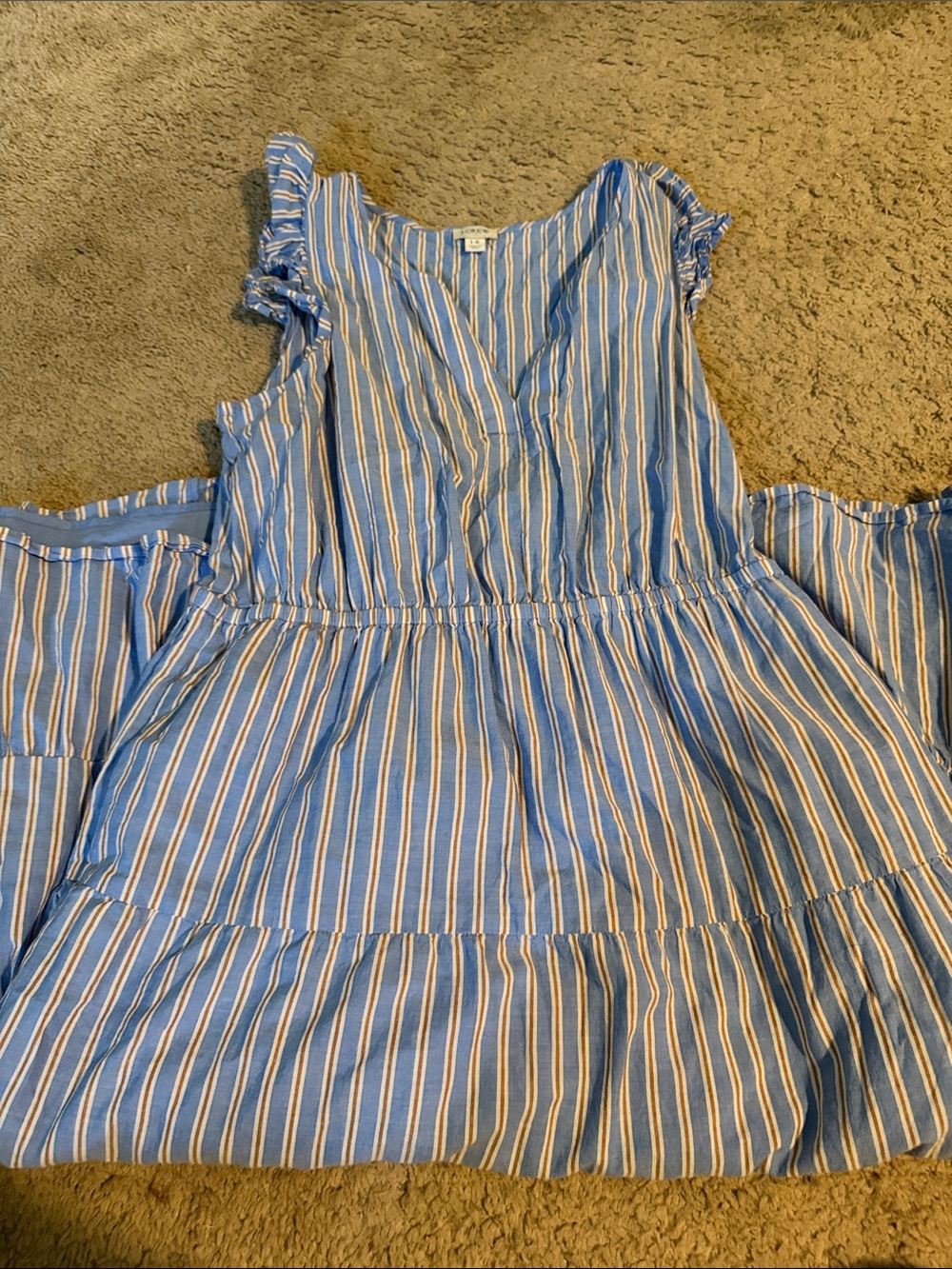 J. Crew Blue and White Striped Tiered Midi Dress